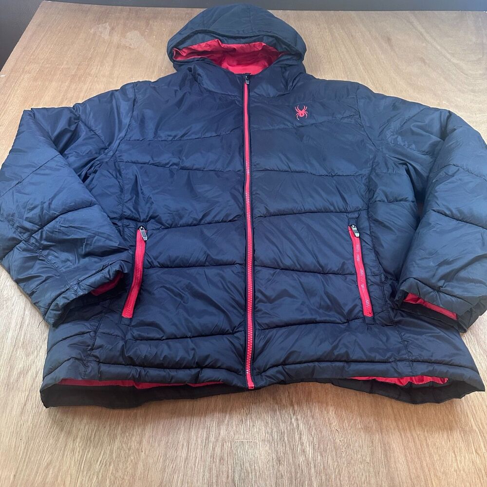 Spyder Puffer Jacket Men's XL Black Red Hooded Full Zip Insulated Coat